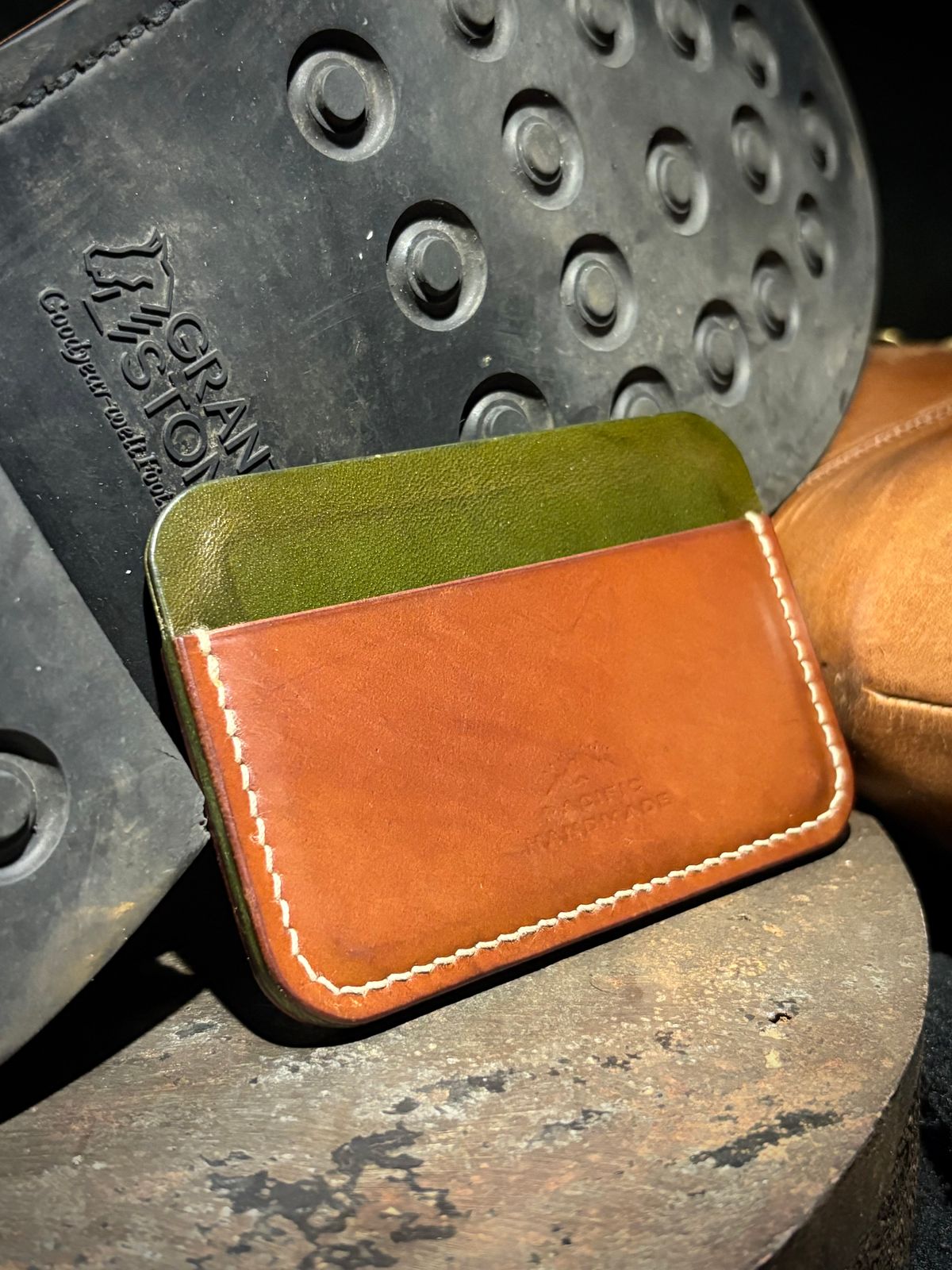 Photo by drew_15 on April 5, 2026 of the Pacific Handmade 3 Pocket Cardholder in Horween Amaretto Shell Cordovan & Horween Reverse Ultraviolet Shell Cordovan & Conceria Walpier Olive Buttero.