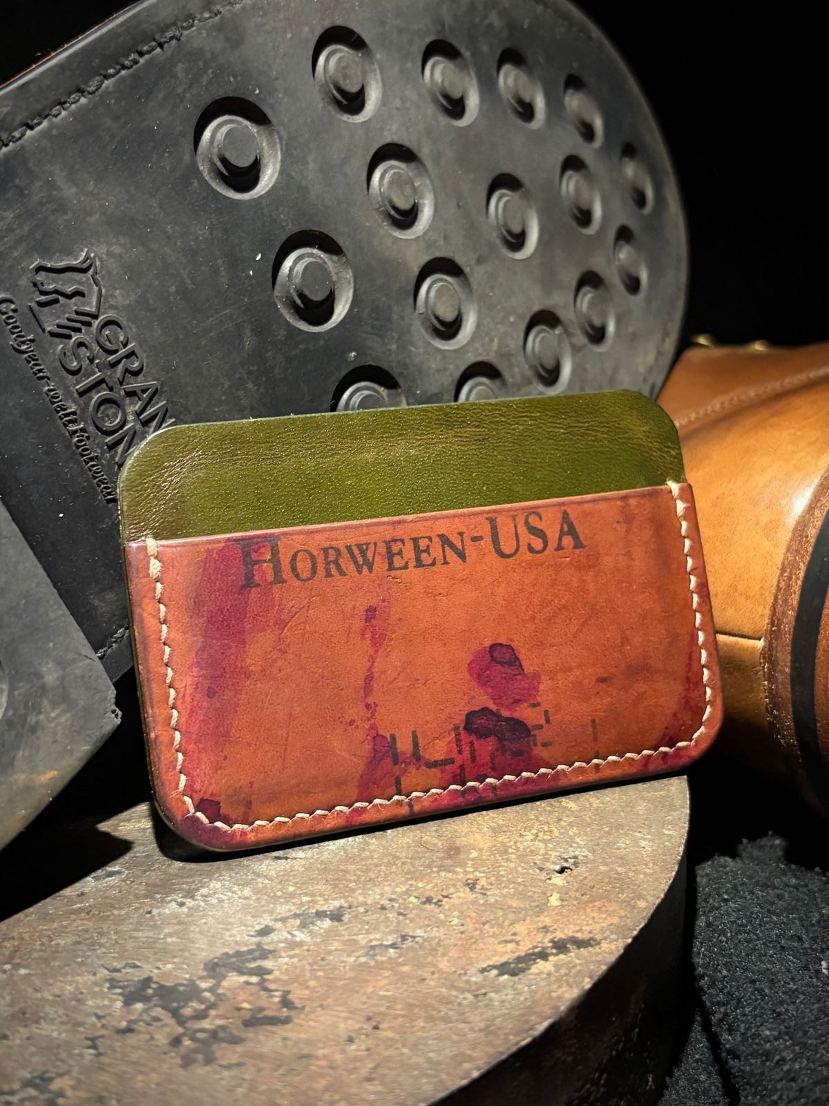 Photo by drew_15 on April 5, 2026 of the Pacific Handmade 3 Pocket Cardholder in Horween Amaretto Shell Cordovan & Horween Reverse Ultraviolet Shell Cordovan & Conceria Walpier Olive Buttero.