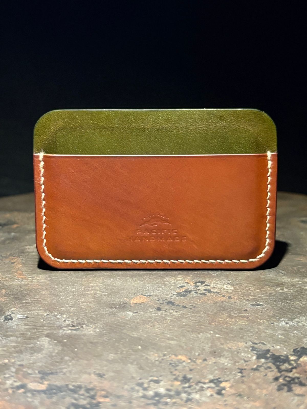 Photo by drew_15 on April 5, 2026 of the Pacific Handmade 3 Pocket Cardholder in Horween Amaretto Shell Cordovan & Horween Reverse Ultraviolet Shell Cordovan & Conceria Walpier Olive Buttero.