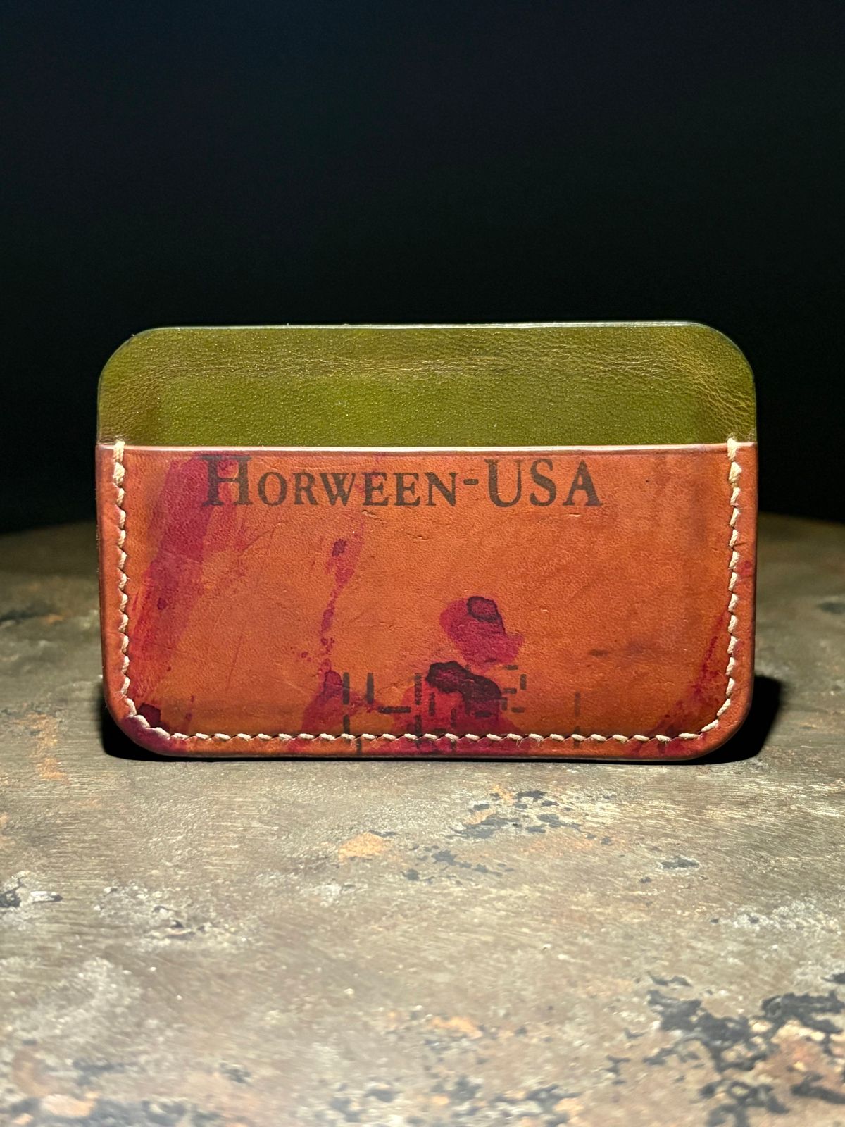 Photo by drew_15 on April 5, 2026 of the Pacific Handmade 3 Pocket Cardholder in Horween Amaretto Shell Cordovan & Horween Reverse Ultraviolet Shell Cordovan & Conceria Walpier Olive Buttero.