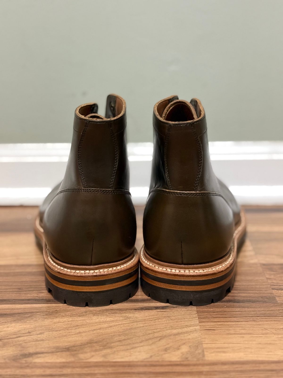 Photo by drew_15 on January 11, 2026 of the Grant Stone Diesel Boot in Horween Dark Olive Chromexcel.