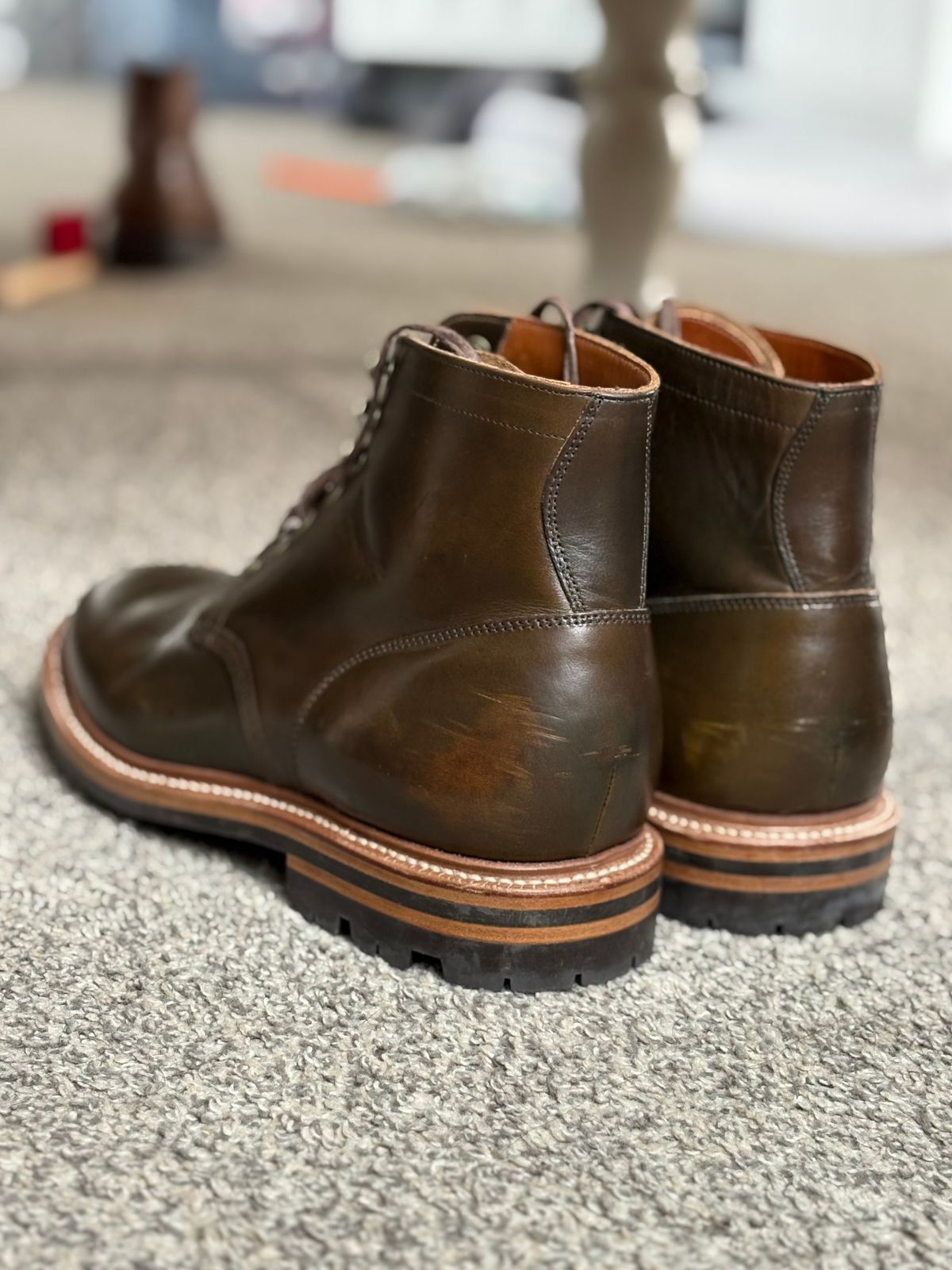 Photo by drew_15 on January 24, 2026 of the Grant Stone Diesel Boot in Horween Dark Olive Chromexcel.