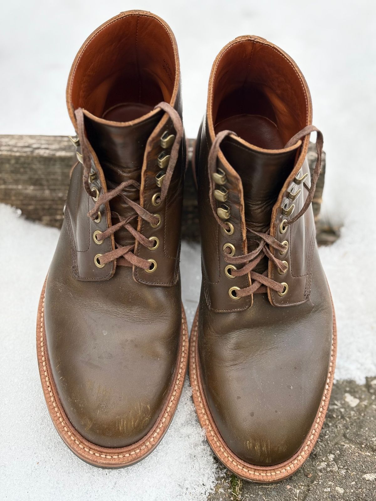 Photo by drew_15 on February 7, 2026 of the Grant Stone Diesel Boot in Horween Dark Olive Chromexcel.