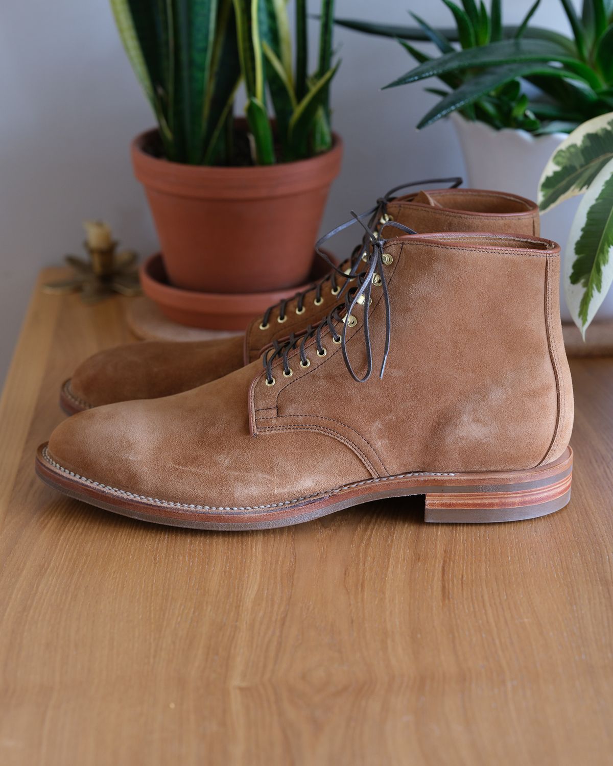 Photo by thepatinaarena on November 1, 2023 of the Viberg Derby Boot in C.F. Stead Anise Calf Suede.