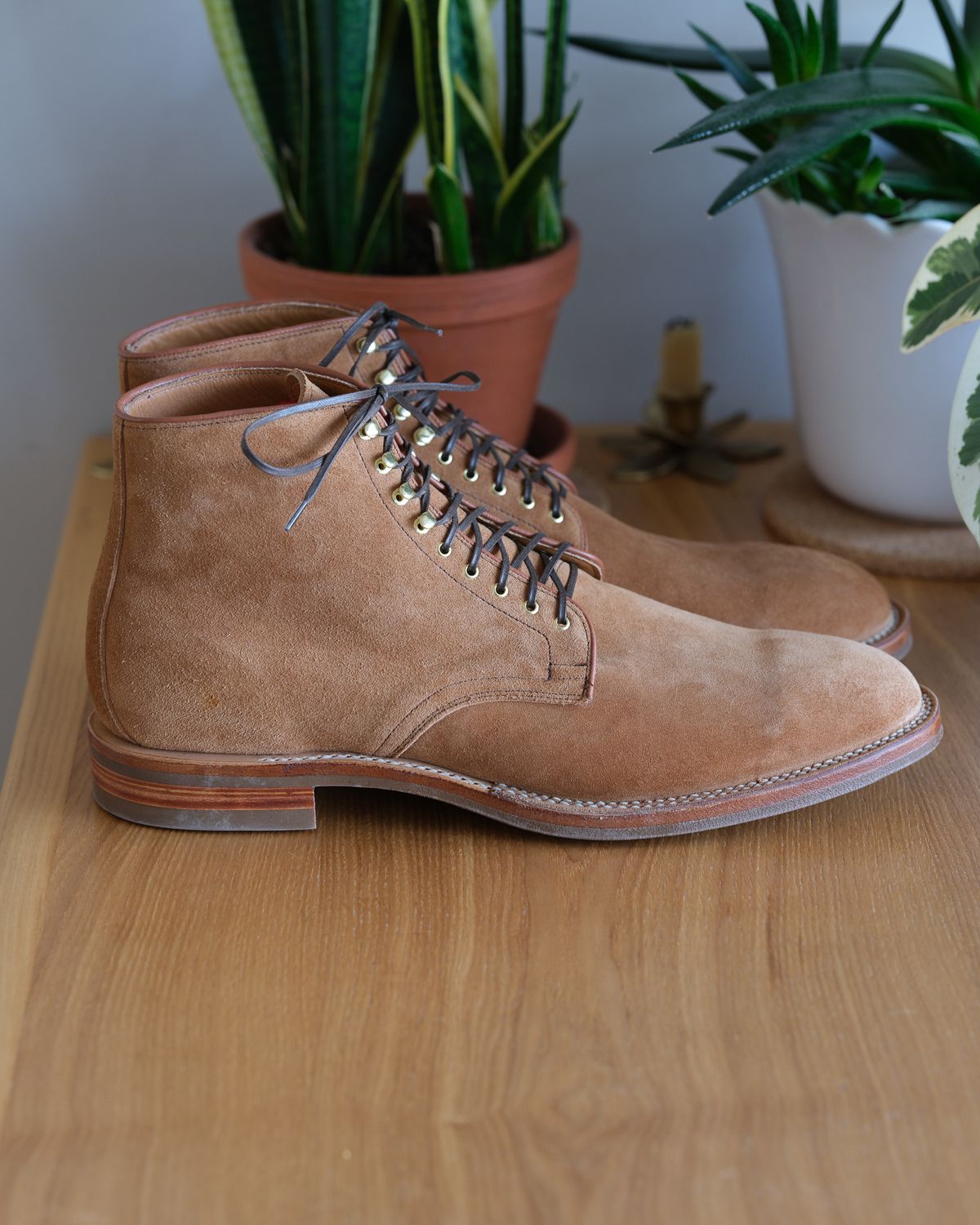 Photo by thepatinaarena on November 1, 2023 of the Viberg Derby Boot in C.F. Stead Anise Calf Suede.