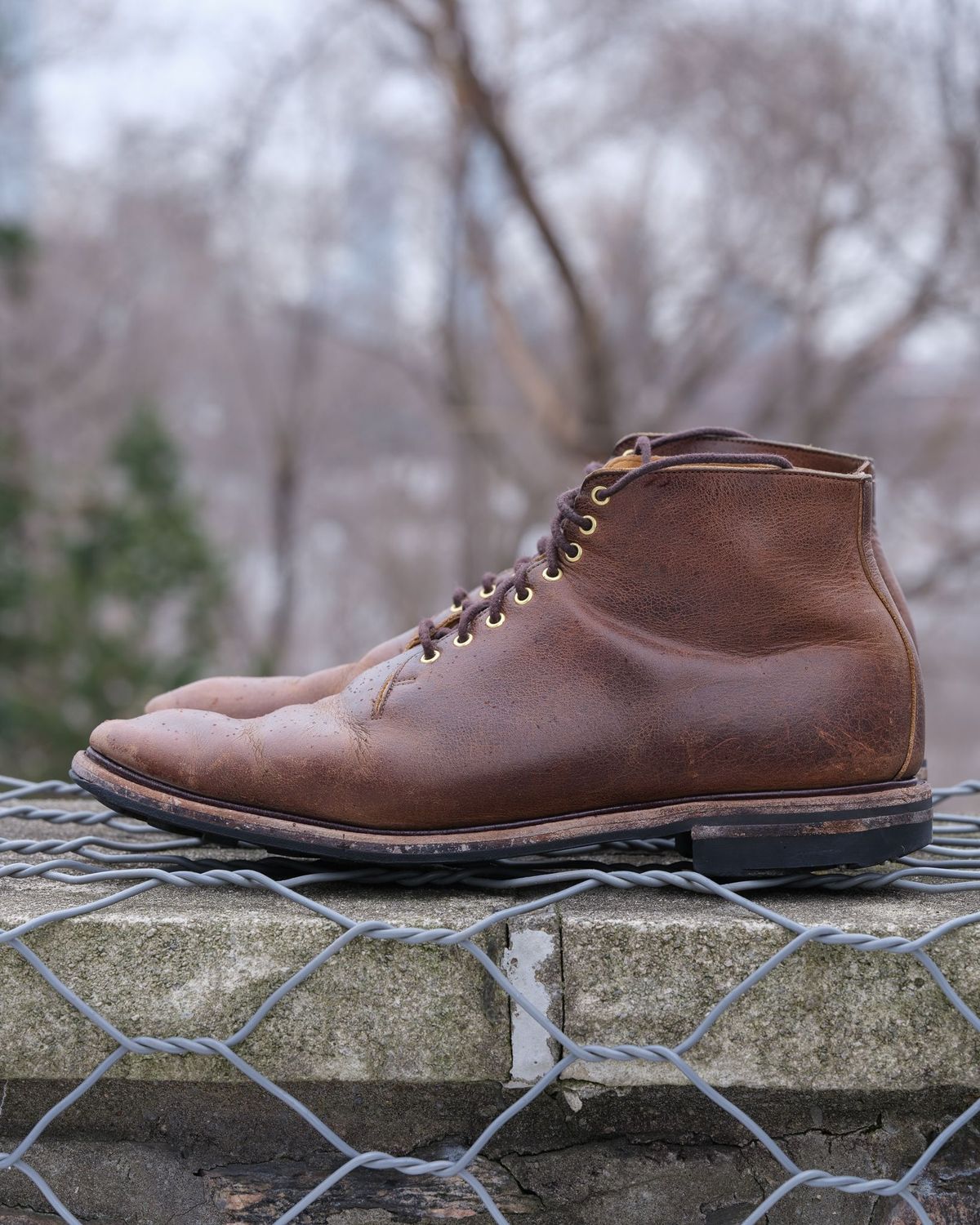 Photo by thepatinaarena on February 2, 2022 of the Viberg Wholecut Derby Boot in Horween Rowdy Dachshund.