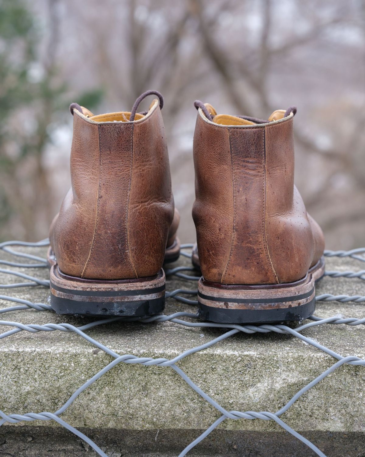 Photo by thepatinaarena on February 2, 2022 of the Viberg Wholecut Derby Boot in Horween Rowdy Dachshund.