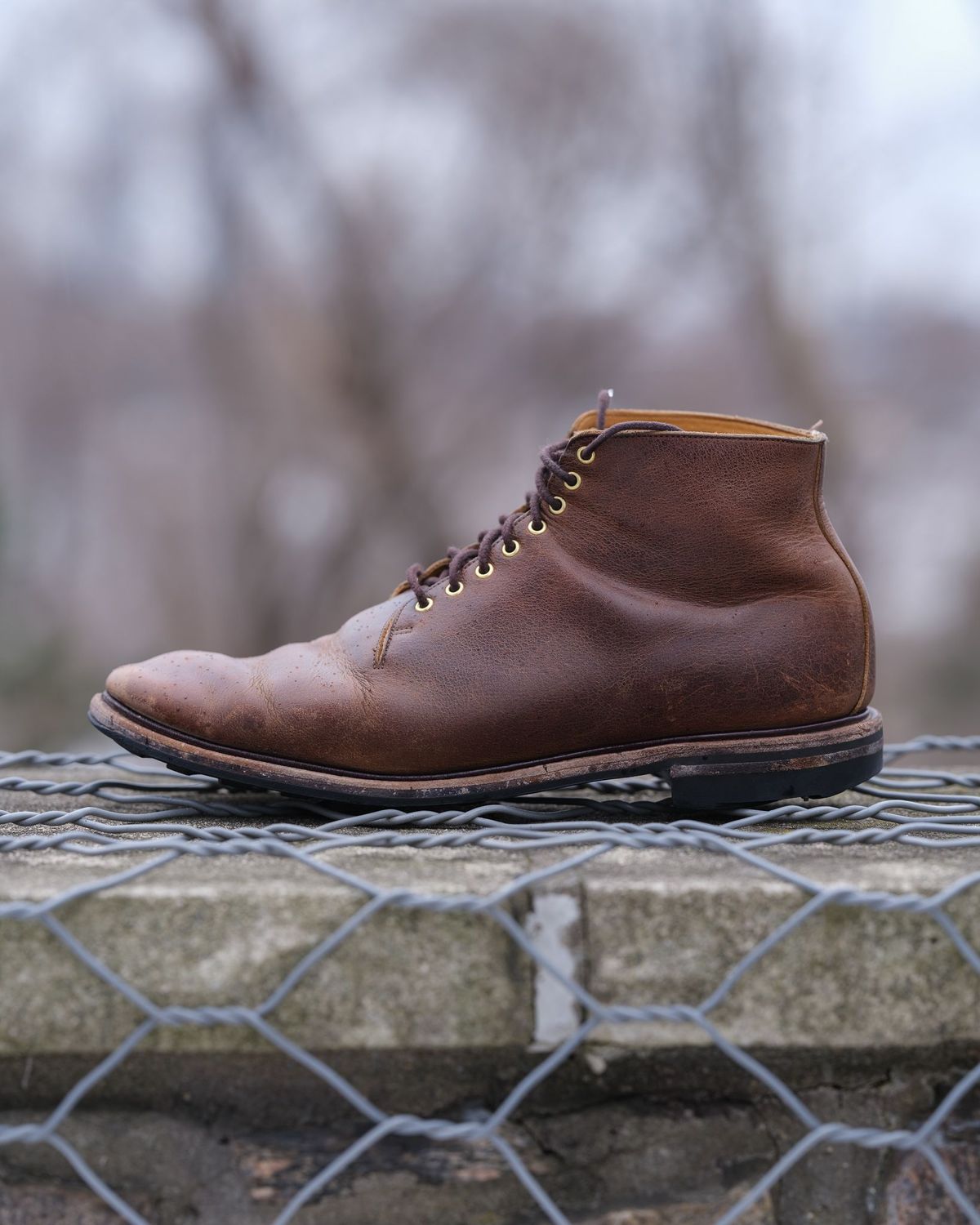 Photo by thepatinaarena on February 2, 2022 of the Viberg Wholecut Derby Boot in Horween Rowdy Dachshund.