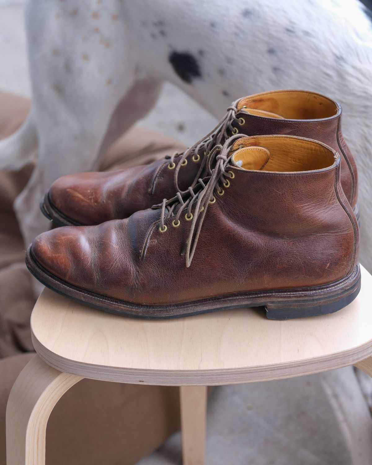 Photo by thepatinaarena on May 6, 2022 of the Viberg Wholecut Derby Boot in Horween Rowdy Dachshund.