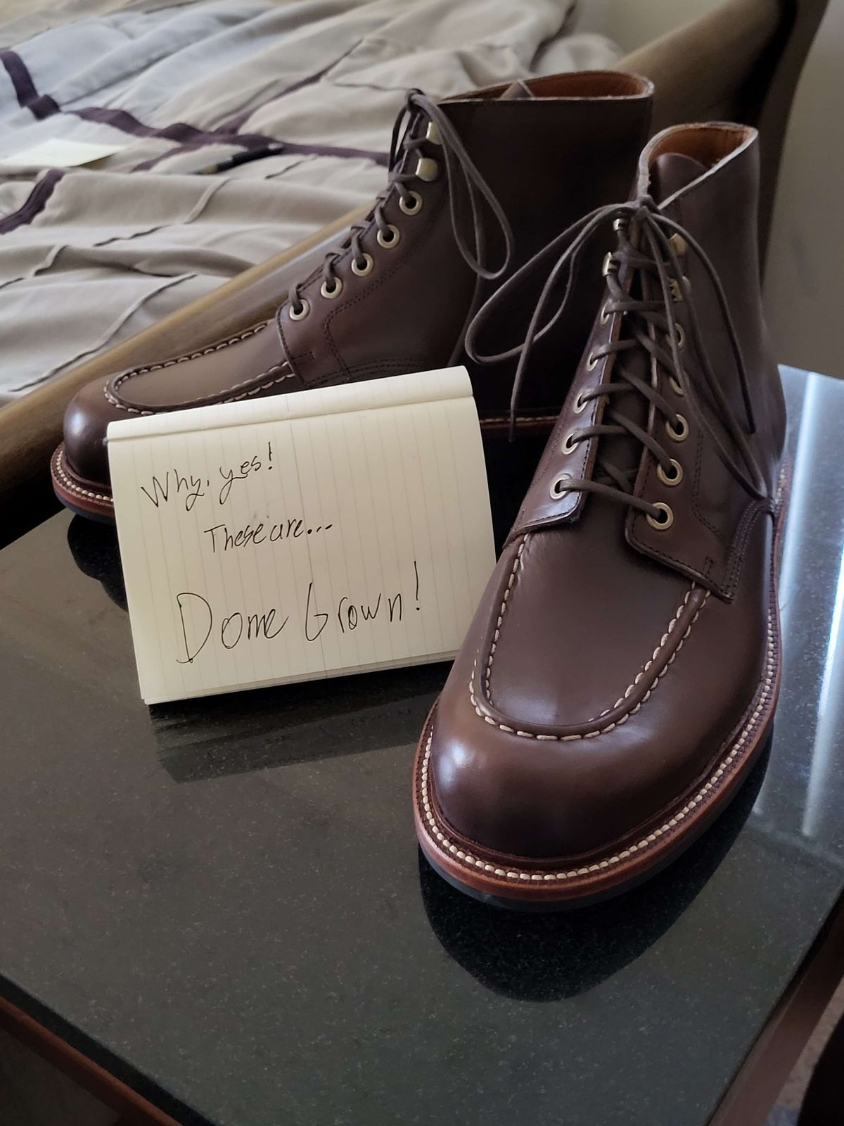 Photo by Mysterium on November 5, 2023 of the Grant Stone Brass Boot in Horween Crimson Chromexcel.