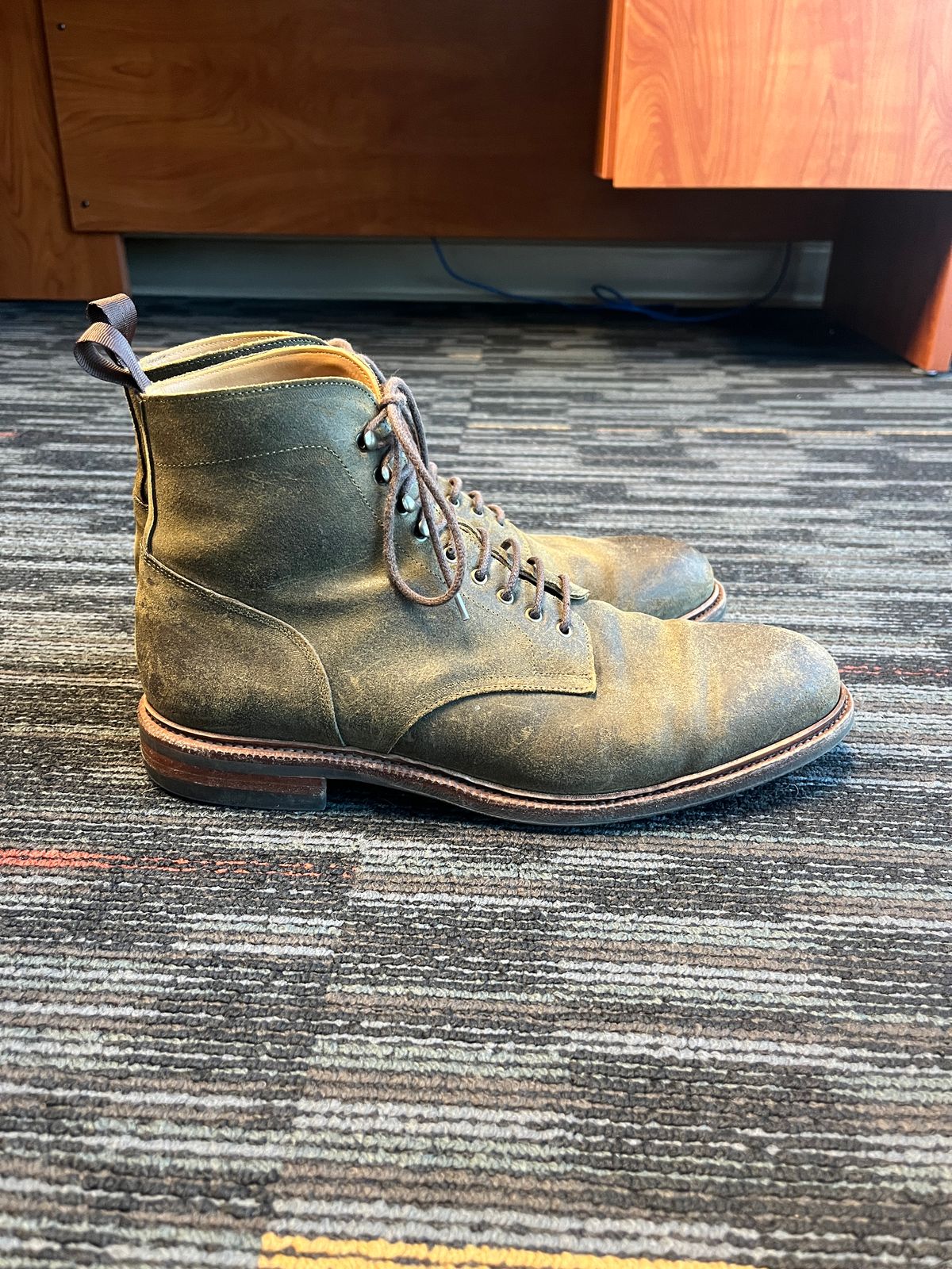 Photo by mjones15 on April 5, 2024 of the Meermin Service Boot in C.F. Stead Leaf Green Waxy Commander Suede.