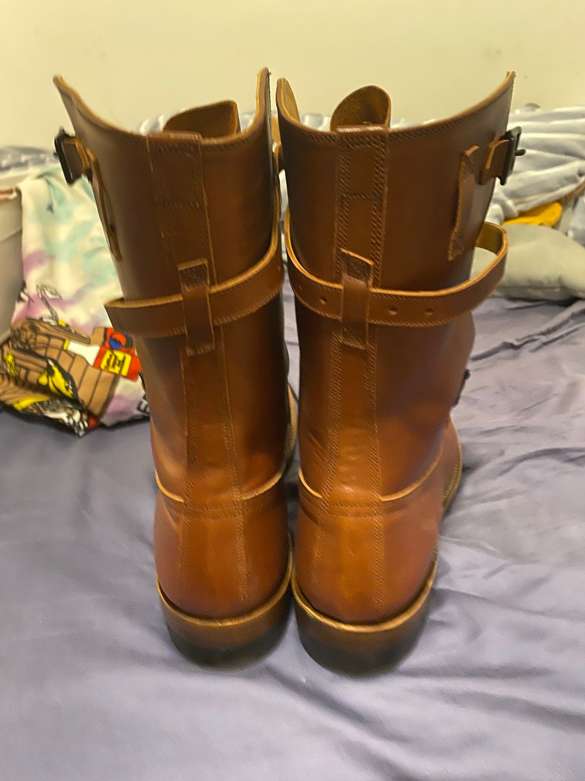 Photo by Bootbastard2 on October 6, 2023 of the Eastman Leather Tanker Boots in Russet Brown Horsehide.