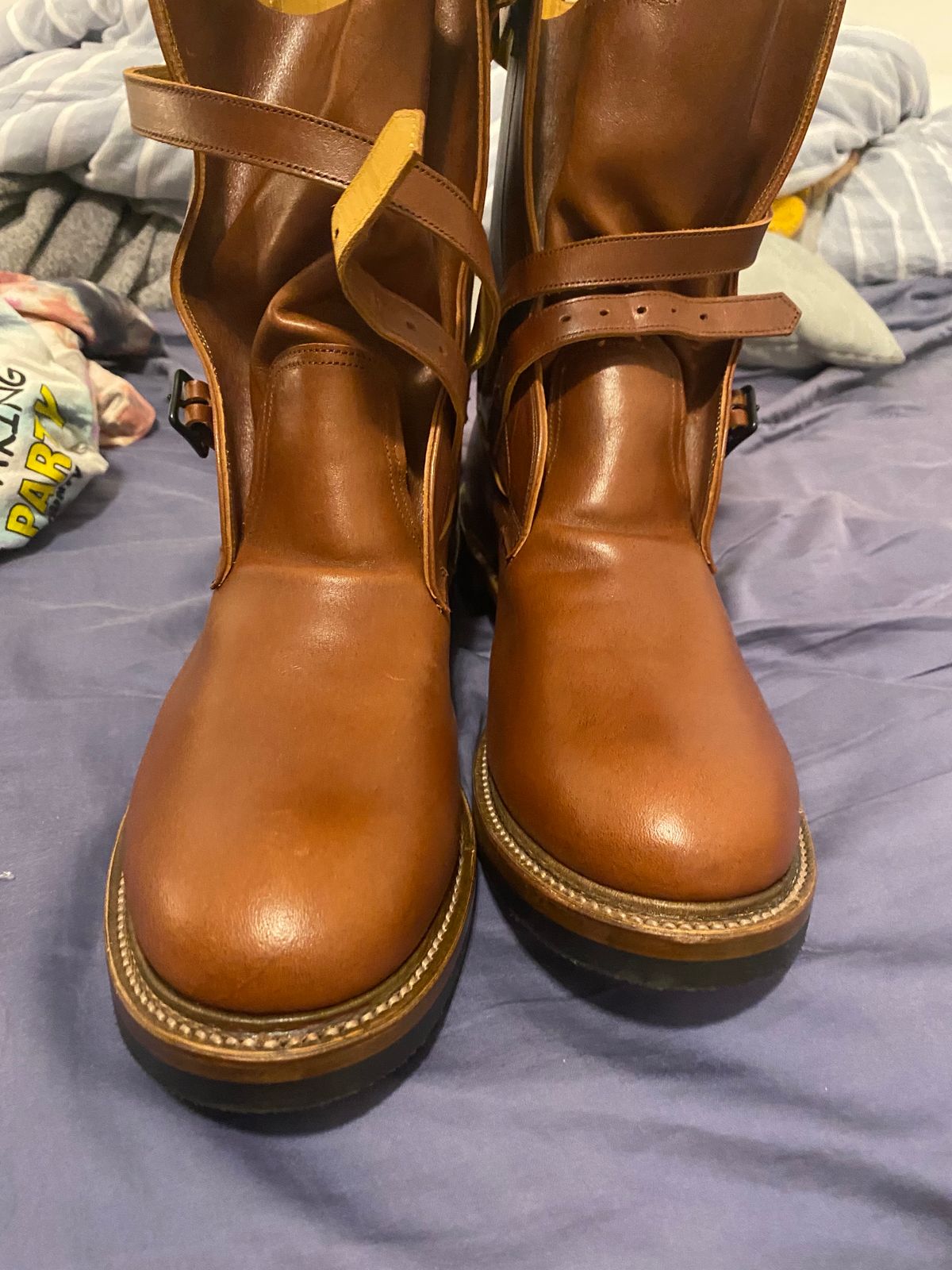 Photo by Bootbastard2 on October 6, 2023 of the Eastman Leather Tanker Boots in Russet Brown Horsehide.