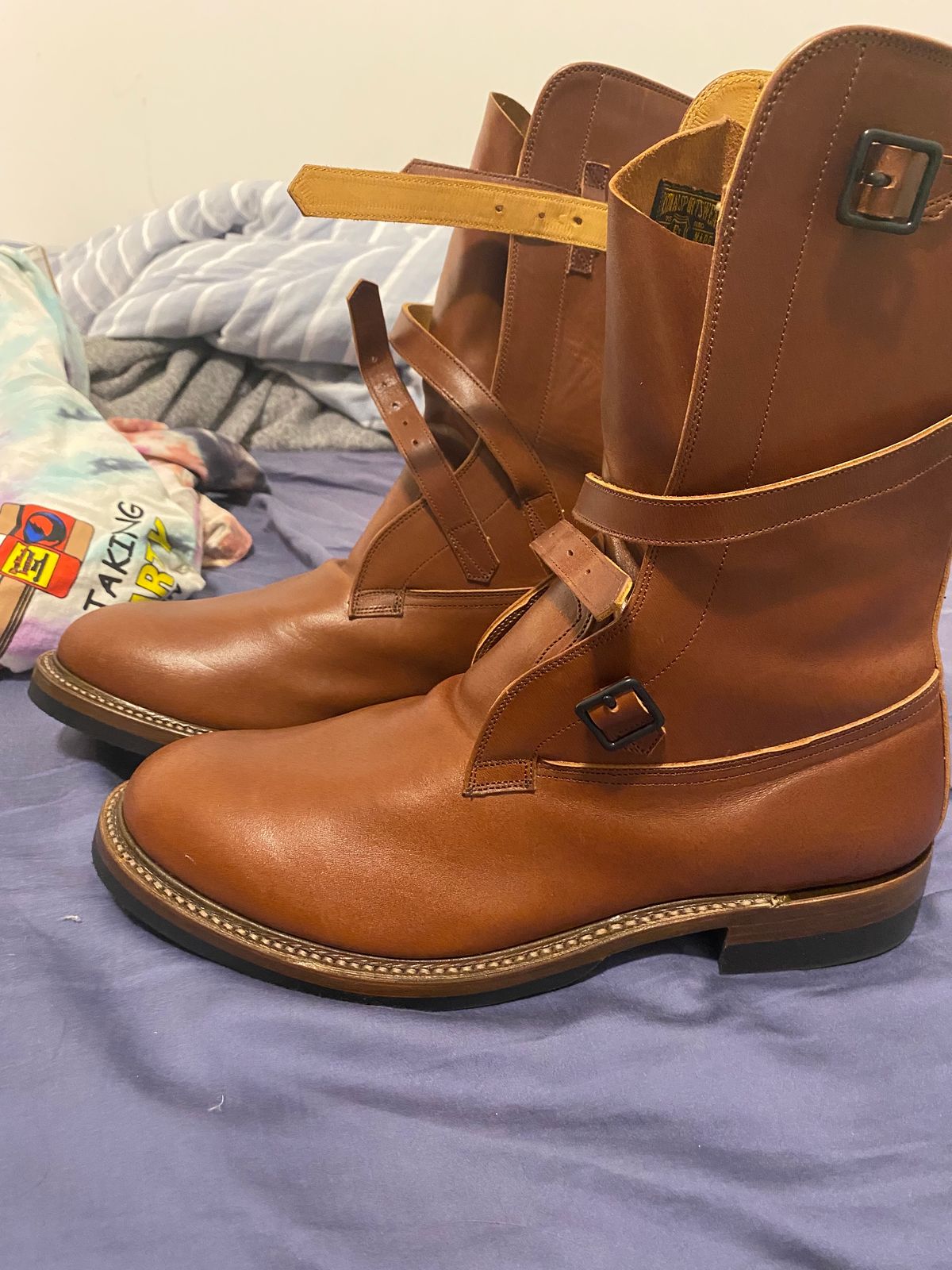 Photo by Bootbastard2 on October 6, 2023 of the Eastman Leather Tanker Boots in Russet Brown Horsehide.