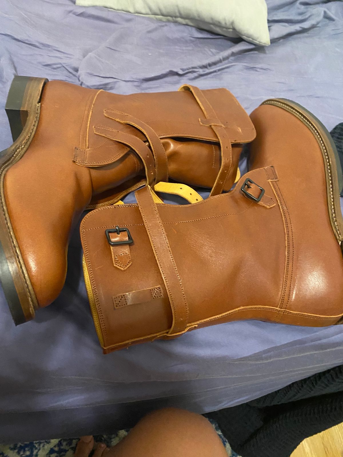 Photo by Bootbastard2 on October 6, 2023 of the Eastman Leather Tanker Boots in Russet Brown Horsehide.