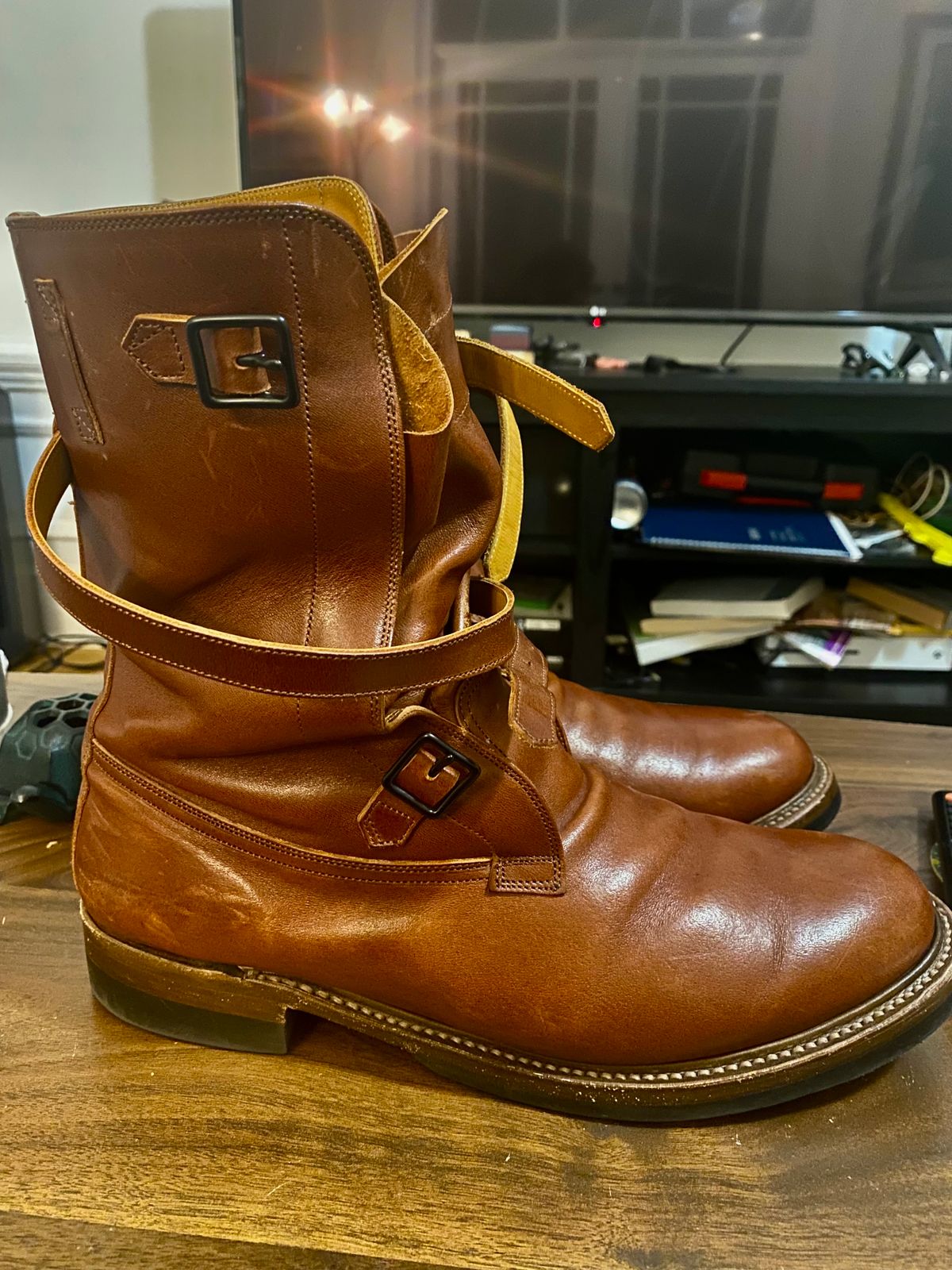 Photo by Bootbastard2 on November 7, 2023 of the Eastman Leather Tanker Boots in Russet Brown Horsehide.