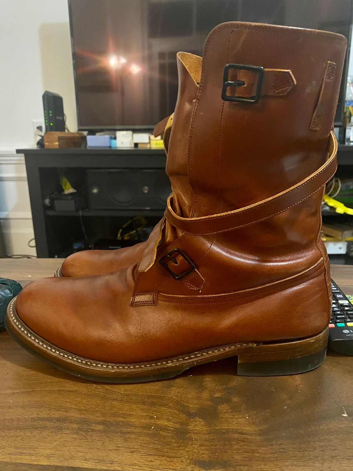 Photo by Bootbastard2 on November 7, 2023 of the Eastman Leather Tanker Boots in Russet Brown Horsehide.