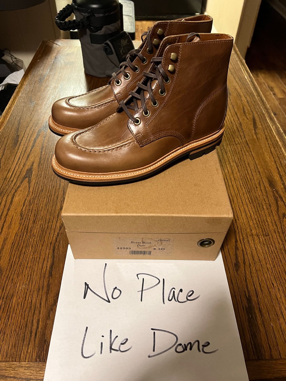 Photo by thepugilist on November 4, 2022 of the Grant Stone Brass Boot in Horween Dune Chromexcel.