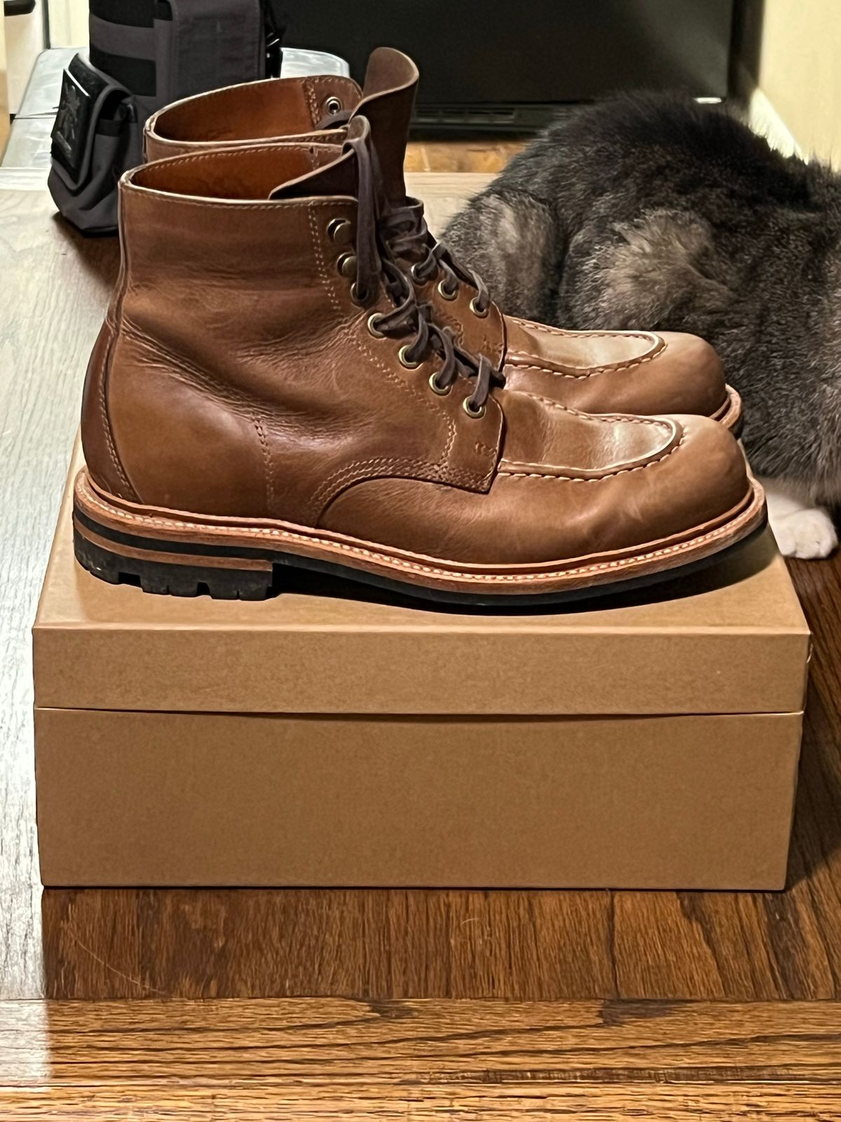 Photo by thepugilist on December 3, 2022 of the Grant Stone Brass Boot in Horween Dune Chromexcel.