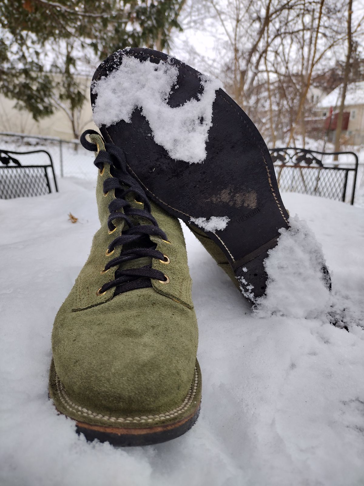 Photo by BenCh0074 on December 1, 2025 of the Oldspeed MFG Service Boot 6” in Law Tannery Avocado Suede.