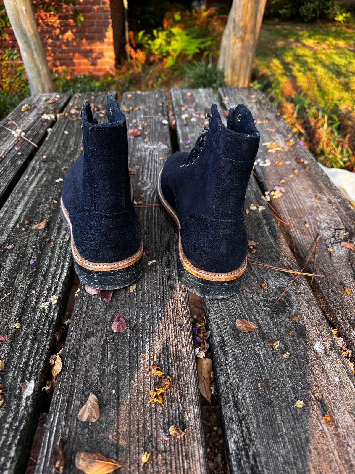 Photo by ShawnParr on October 1, 2023 of the Oak Street Bootmakers Trench Boot in Horween Natural Indigo Chromexcel Roughout.