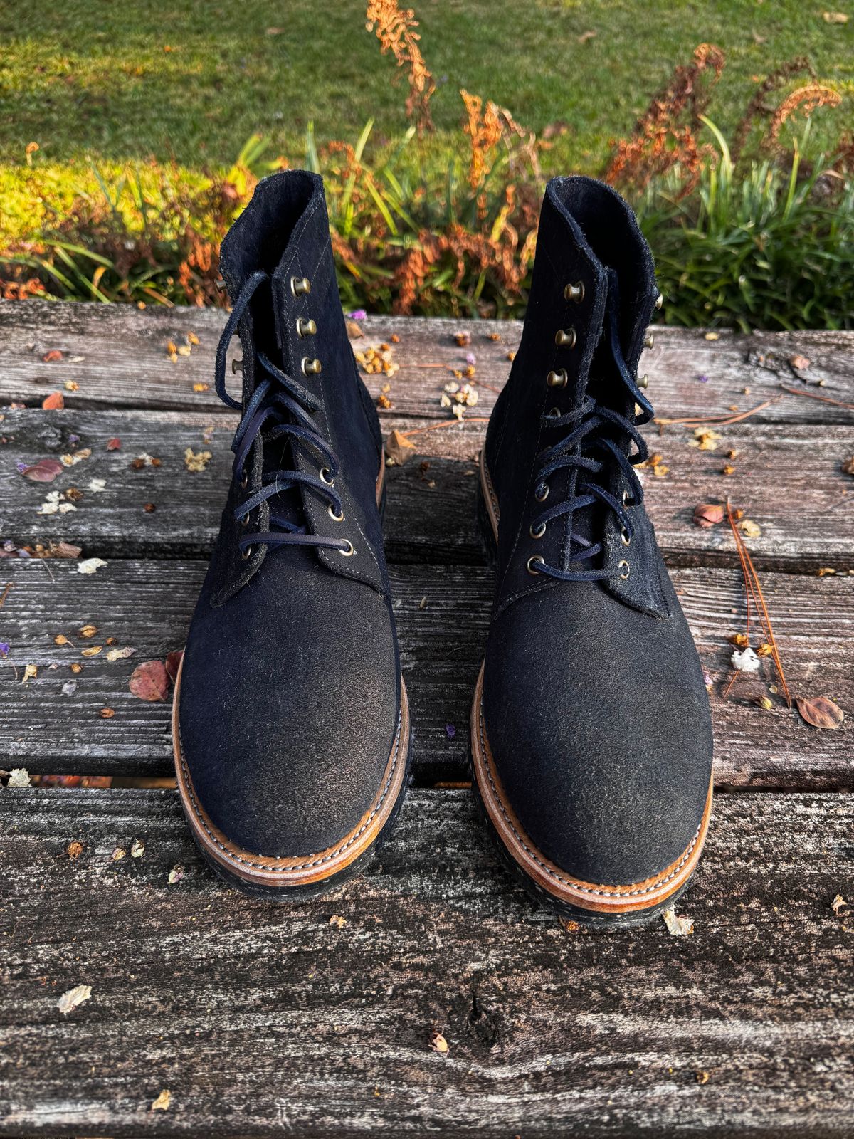 Photo by ShawnParr on October 1, 2023 of the Oak Street Bootmakers Trench Boot in Horween Natural Indigo Chromexcel Roughout.