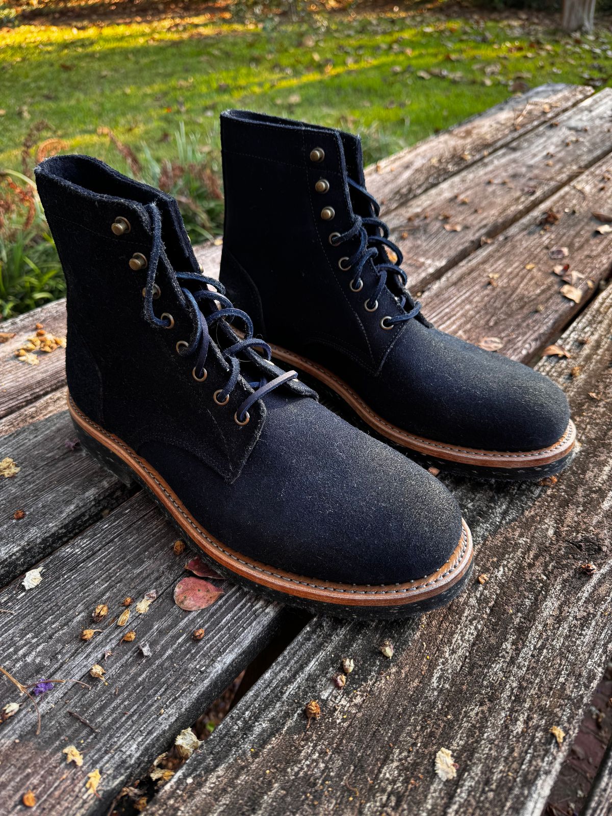 Photo by ShawnParr on October 1, 2023 of the Oak Street Bootmakers Trench Boot in Horween Natural Indigo Chromexcel Roughout.
