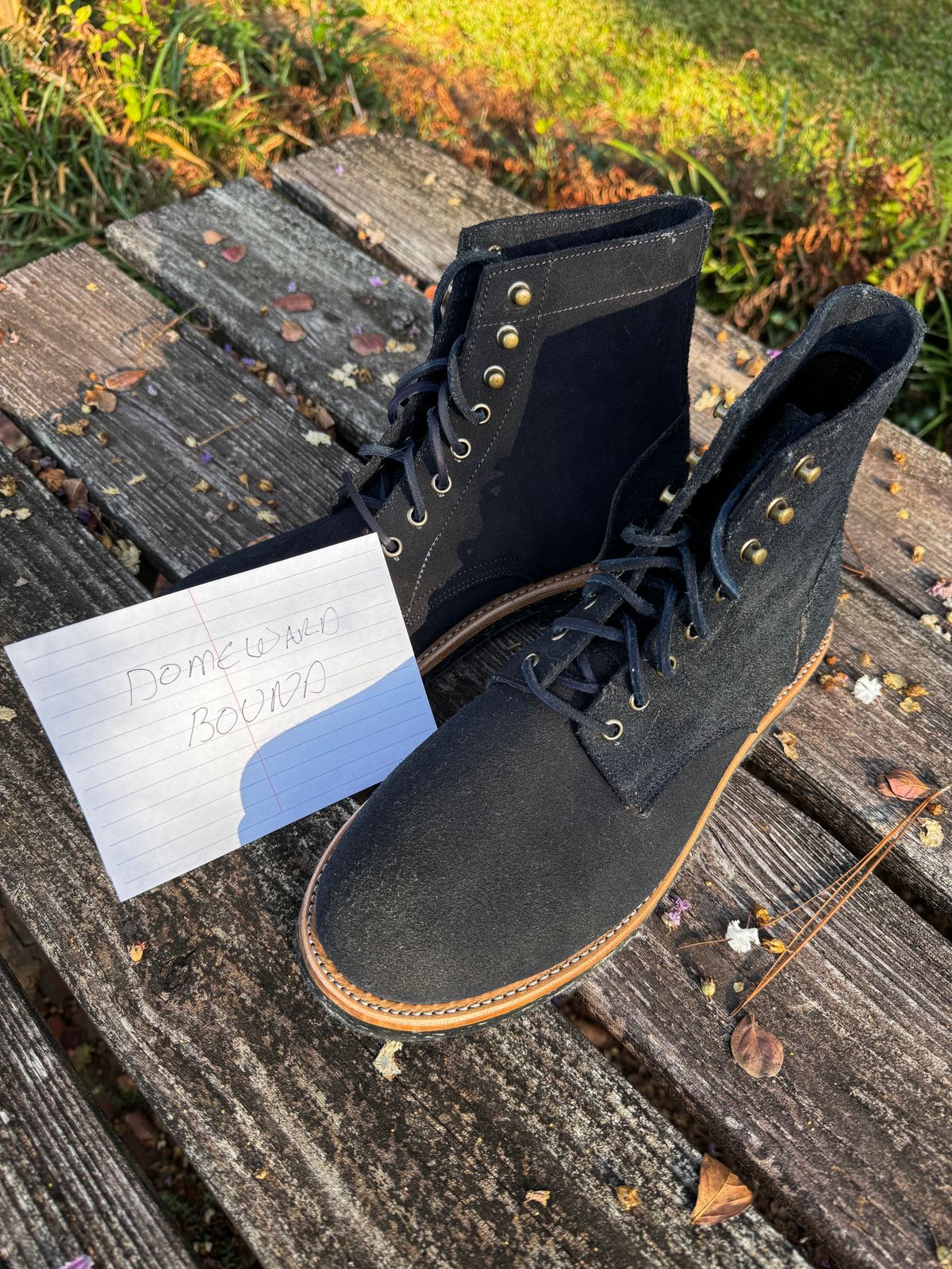 Photo by ShawnParr on October 1, 2023 of the Oak Street Bootmakers Trench Boot in Horween Natural Indigo Chromexcel Roughout.