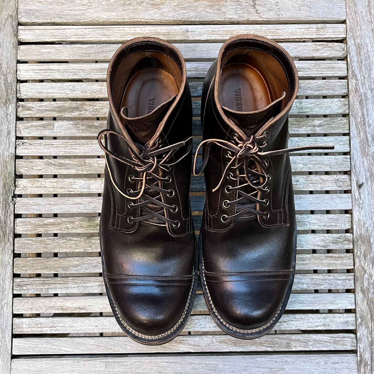 Photo by DesperadoUnderTheEaves on November 4, 2025 of the Viberg Service Boot in Horween Brown Waxed Flesh.