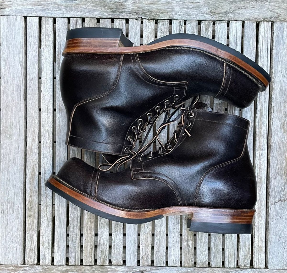 Photo by DesperadoUnderTheEaves on December 4, 2025 of the Viberg Service Boot in Horween Brown Waxed Flesh.