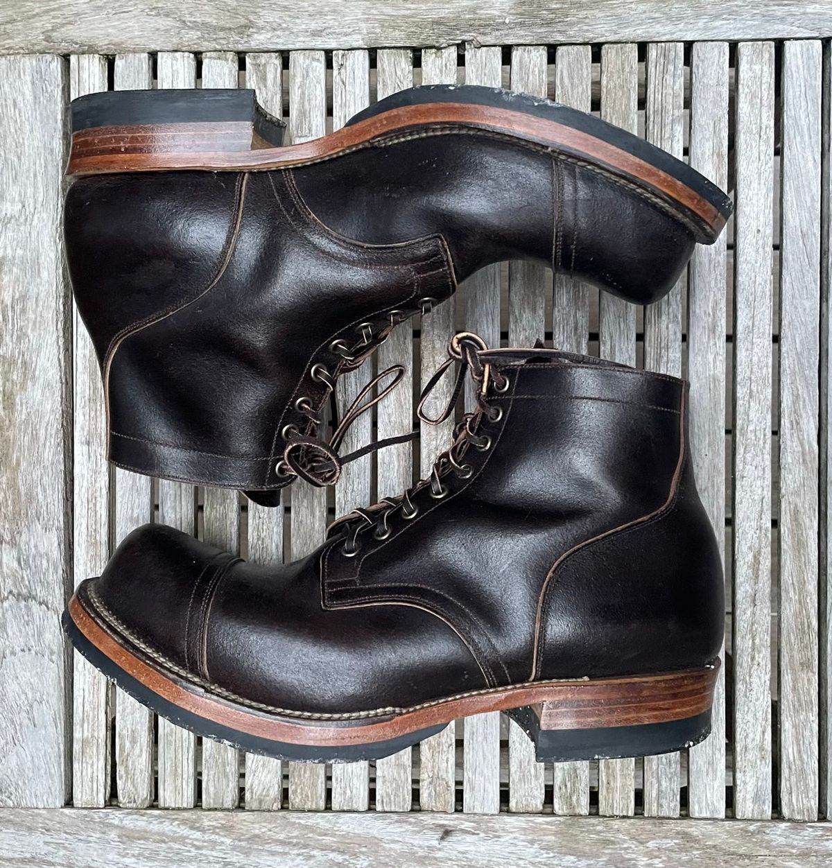 Photo by DesperadoUnderTheEaves on January 3, 2026 of the Viberg Service Boot in Horween Brown Waxed Flesh.