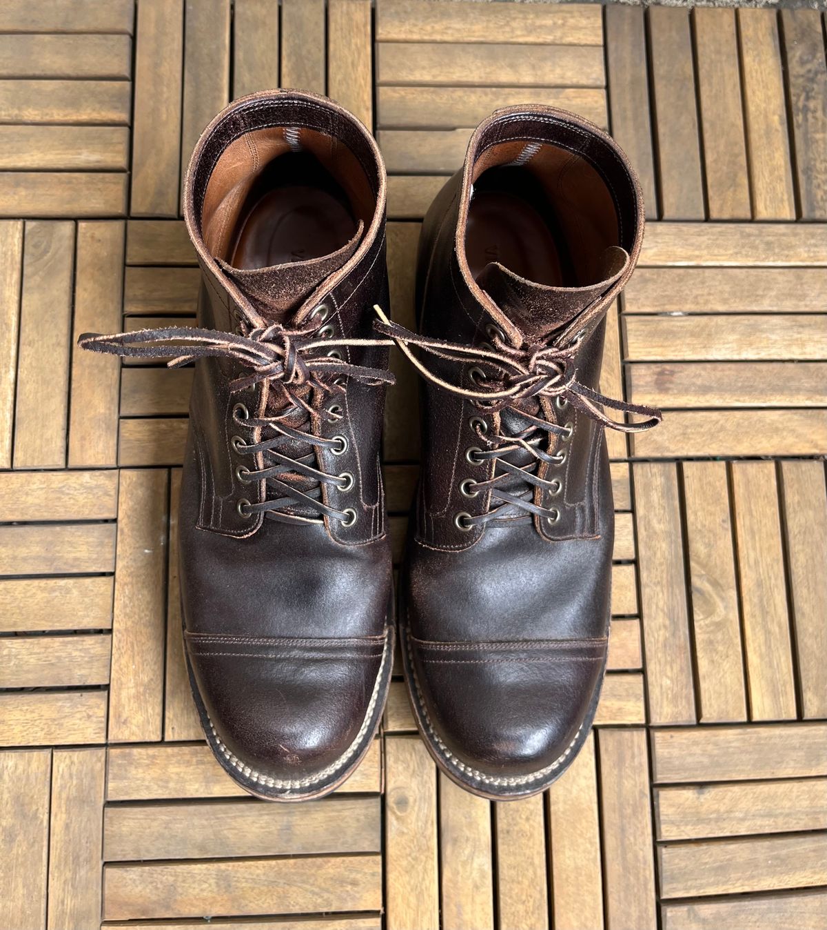 Photo by DesperadoUnderTheEaves on April 5, 2026 of the Viberg Service Boot in Horween Brown Waxed Flesh.