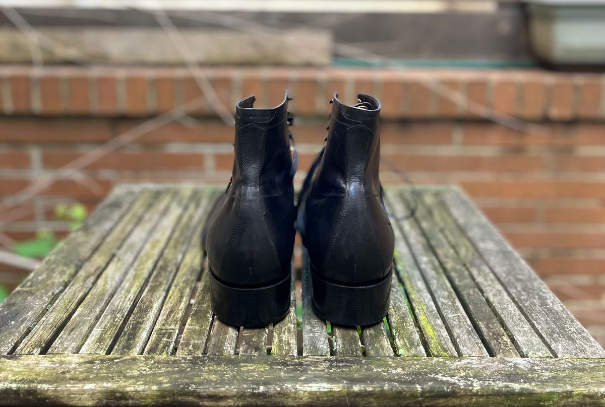 Photo by DesperadoUnderTheEaves on October 4, 2024 of the Black Sign Army Last Mid Cut Dress Boot in Black Kangaroo (Made in Italy).