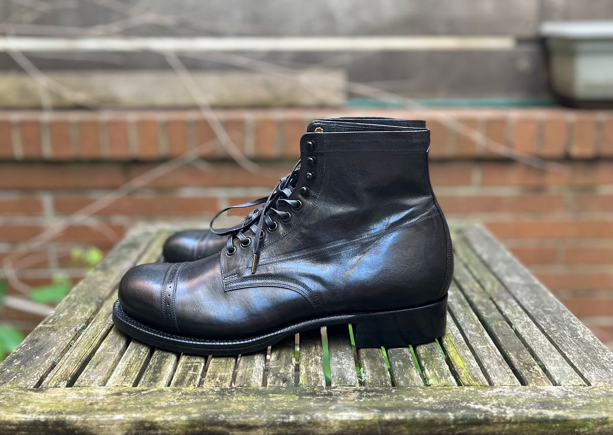 Photo by DesperadoUnderTheEaves on October 4, 2024 of the Black Sign Army Last Mid Cut Dress Boot in Black Kangaroo (Made in Italy).