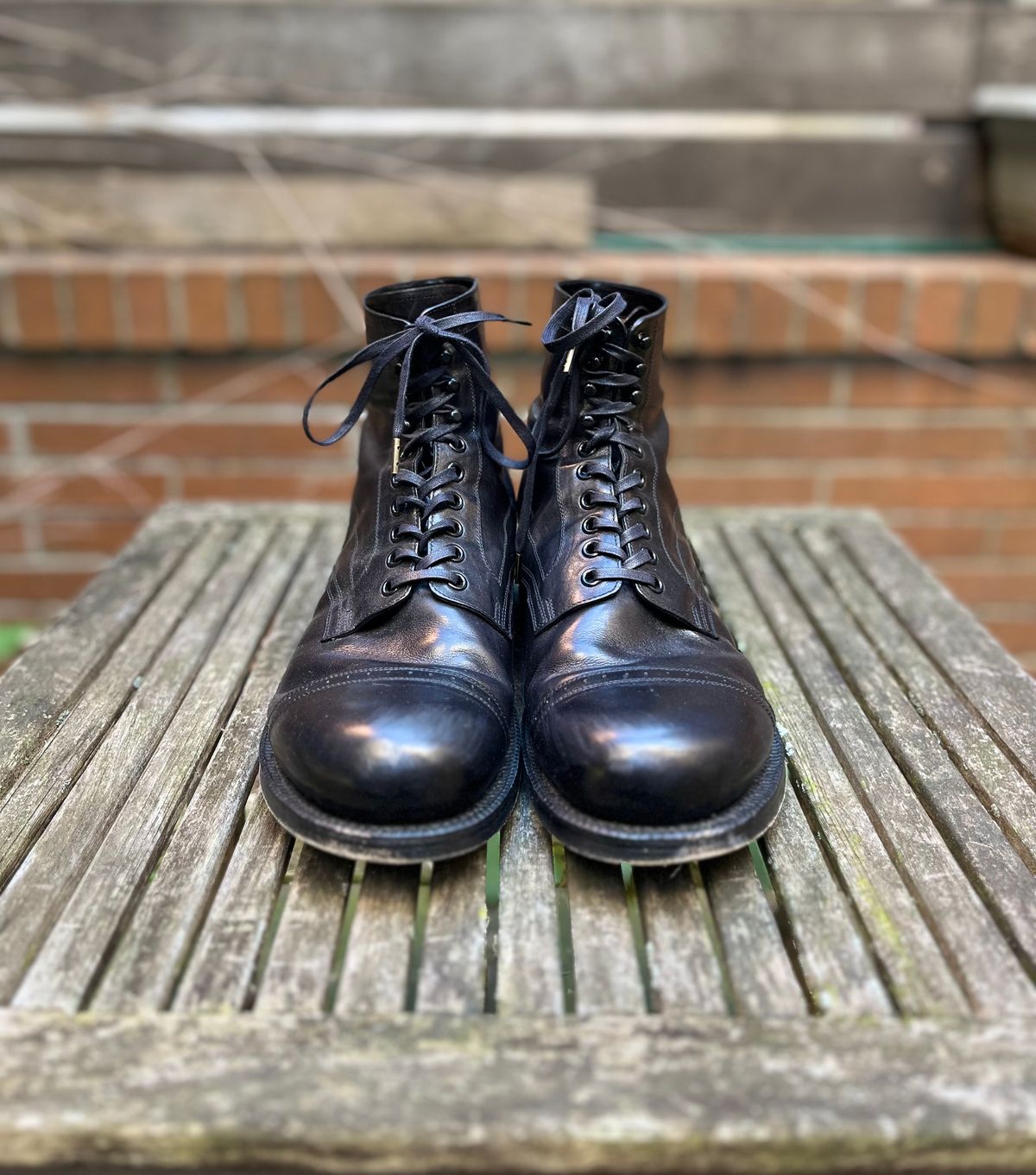 Photo by DesperadoUnderTheEaves on November 5, 2024 of the Black Sign Army Last Mid Cut Dress Boot in Black Kangaroo (Made in Italy).