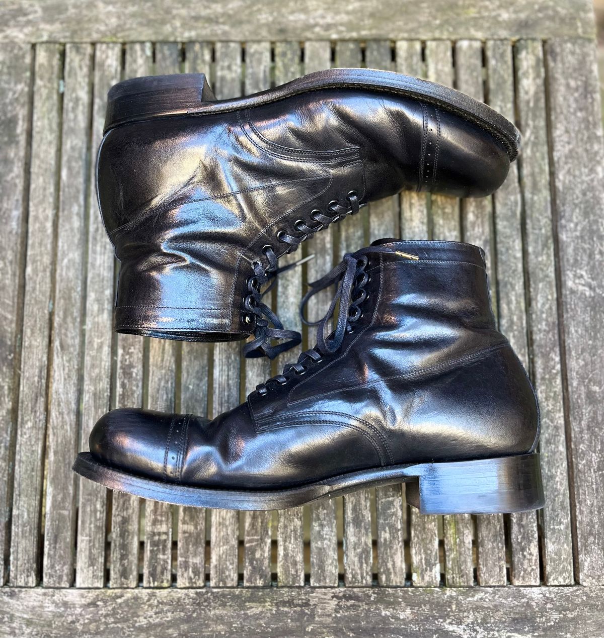 Photo by DesperadoUnderTheEaves on November 5, 2024 of the Black Sign Army Last Mid Cut Dress Boot in Black Kangaroo (Made in Italy).