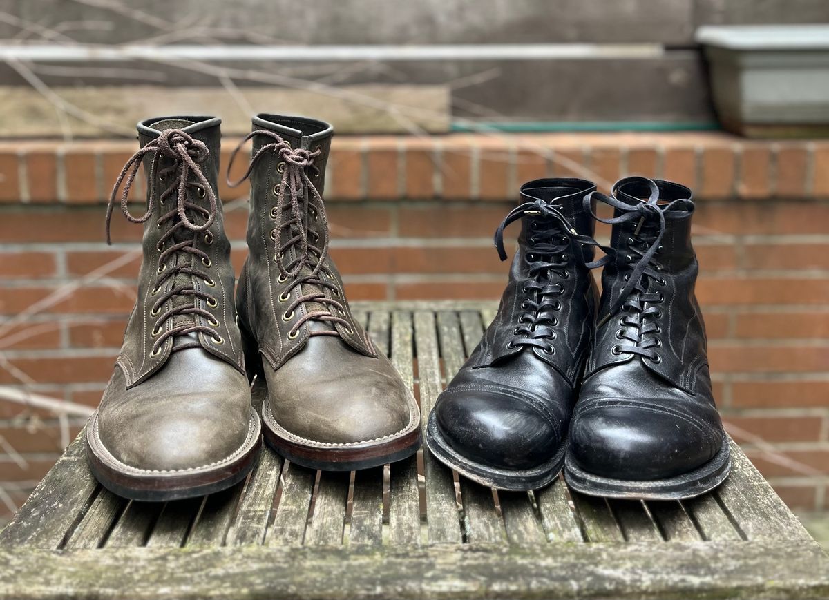 Photo by DesperadoUnderTheEaves on February 2, 2025 of the Black Sign Army Last Mid Cut Dress Boot in Black Kangaroo (Made in Italy).