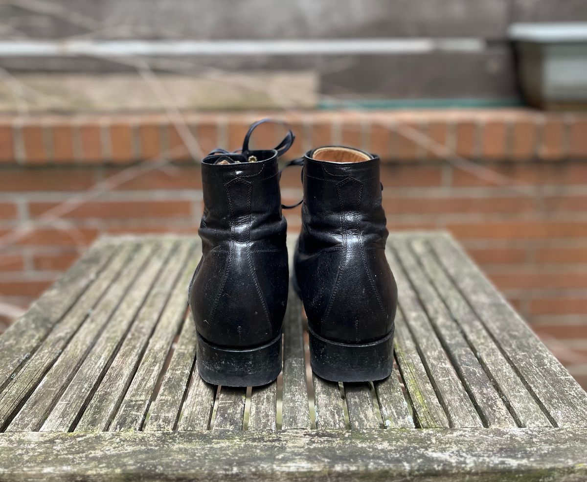 Photo by DesperadoUnderTheEaves on February 2, 2025 of the Black Sign Army Last Mid Cut Dress Boot in Black Kangaroo (Made in Italy).