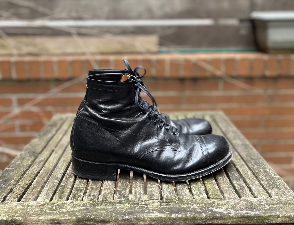 Photo by DesperadoUnderTheEaves on February 2, 2025 of the Black Sign Army Last Mid Cut Dress Boot in Black Kangaroo (Made in Italy).