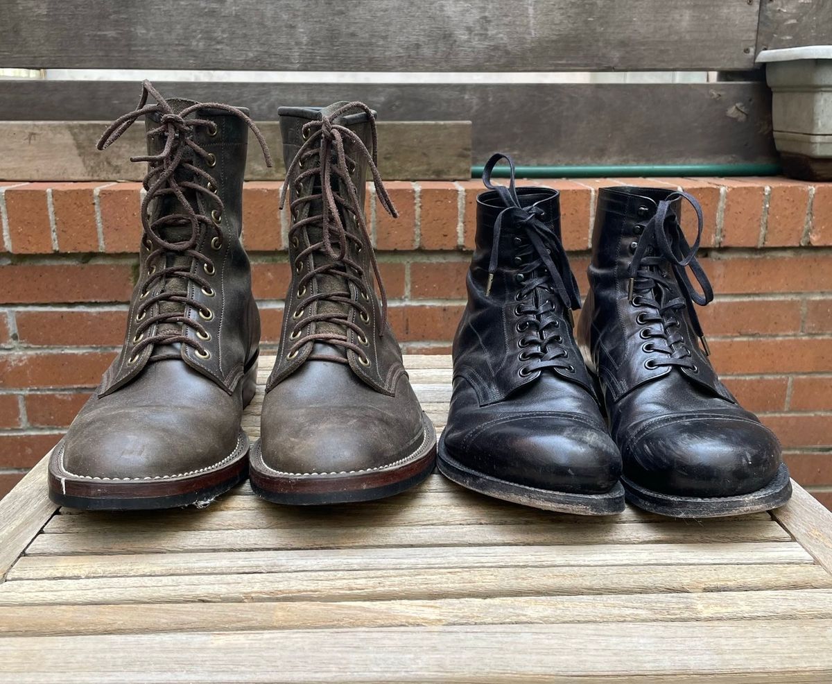 Photo by DesperadoUnderTheEaves on April 5, 2025 of the Black Sign Army Last Mid Cut Dress Boot in Black Kangaroo (Made in Italy).