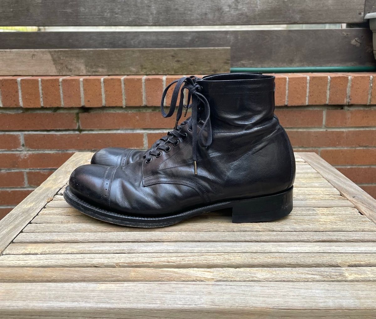 Photo by DesperadoUnderTheEaves on April 5, 2025 of the Black Sign Army Last Mid Cut Dress Boot in Black Kangaroo (Made in Italy).