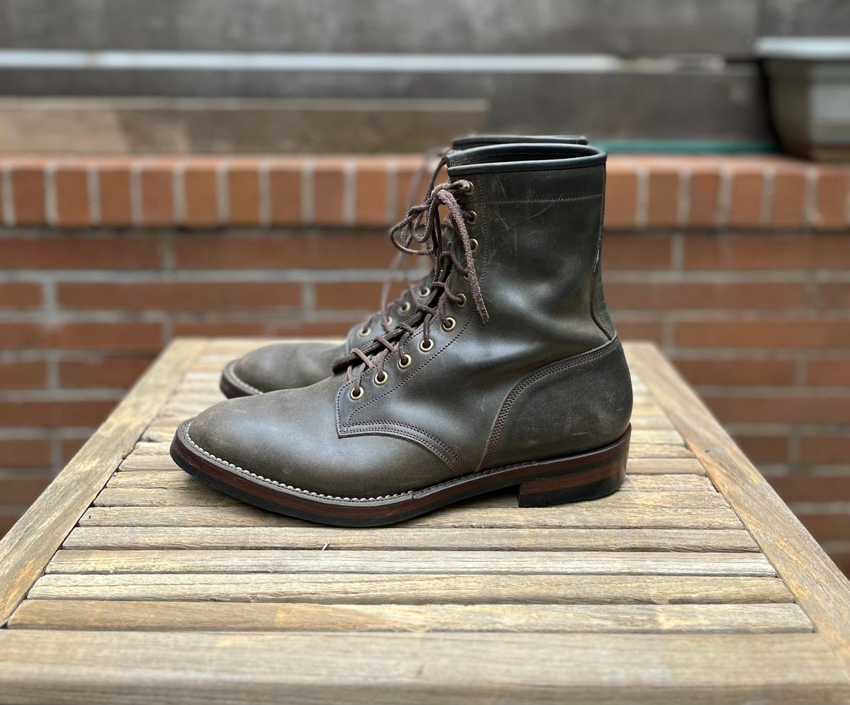 Photo by DesperadoUnderTheEaves on March 5, 2025 of the Onderhoud SVC02 Packer Boot in Maryam Waxed Salvia Horsebutt.