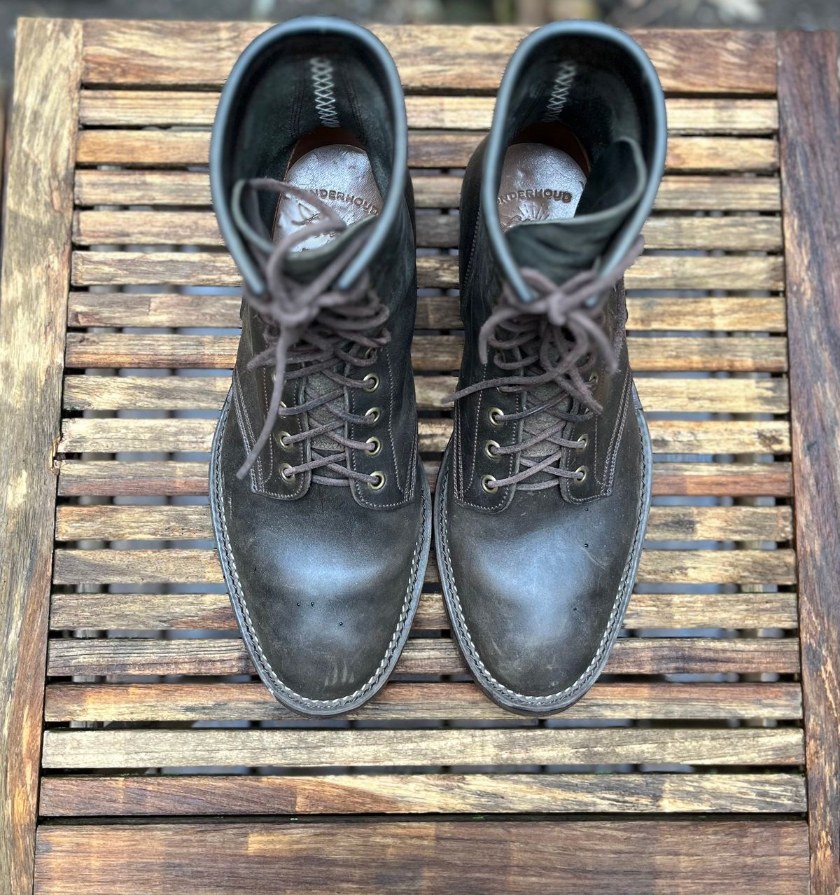 Photo by DesperadoUnderTheEaves on April 5, 2025 of the Onderhoud SVC02 Packer Boot in Maryam Waxed Salvia Horsebutt.
