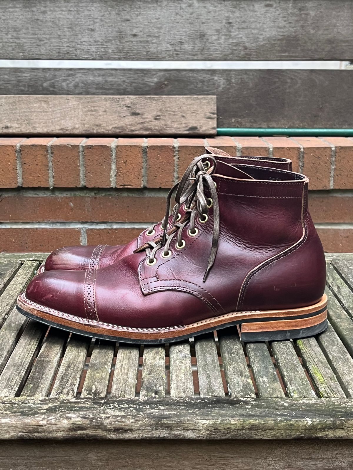 Photo by DesperadoUnderTheEaves on December 4, 2023 of the Viberg Service Boot BCT in Horween Color 8 Chromexcel.