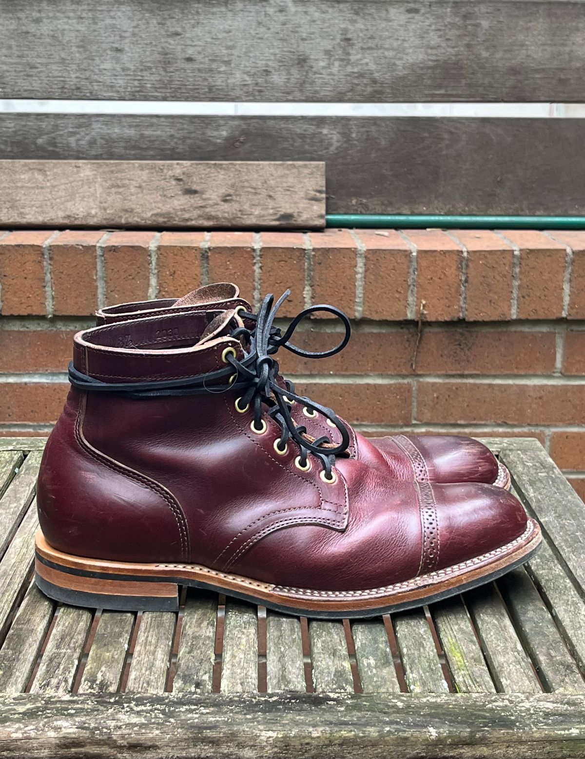 Photo by DesperadoUnderTheEaves on January 5, 2024 of the Viberg Service Boot BCT in Horween Color 8 Chromexcel.