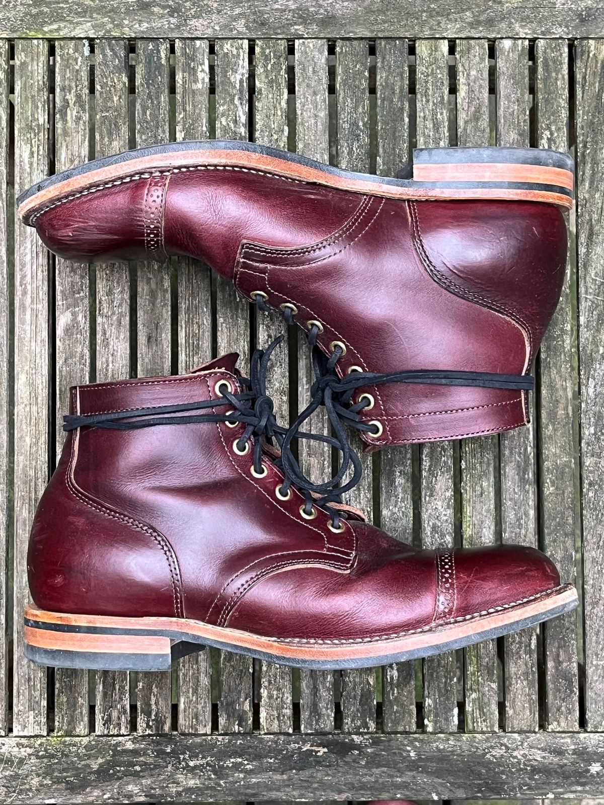 Photo by DesperadoUnderTheEaves on February 1, 2024 of the Viberg Service Boot BCT in Horween Color 8 Chromexcel.