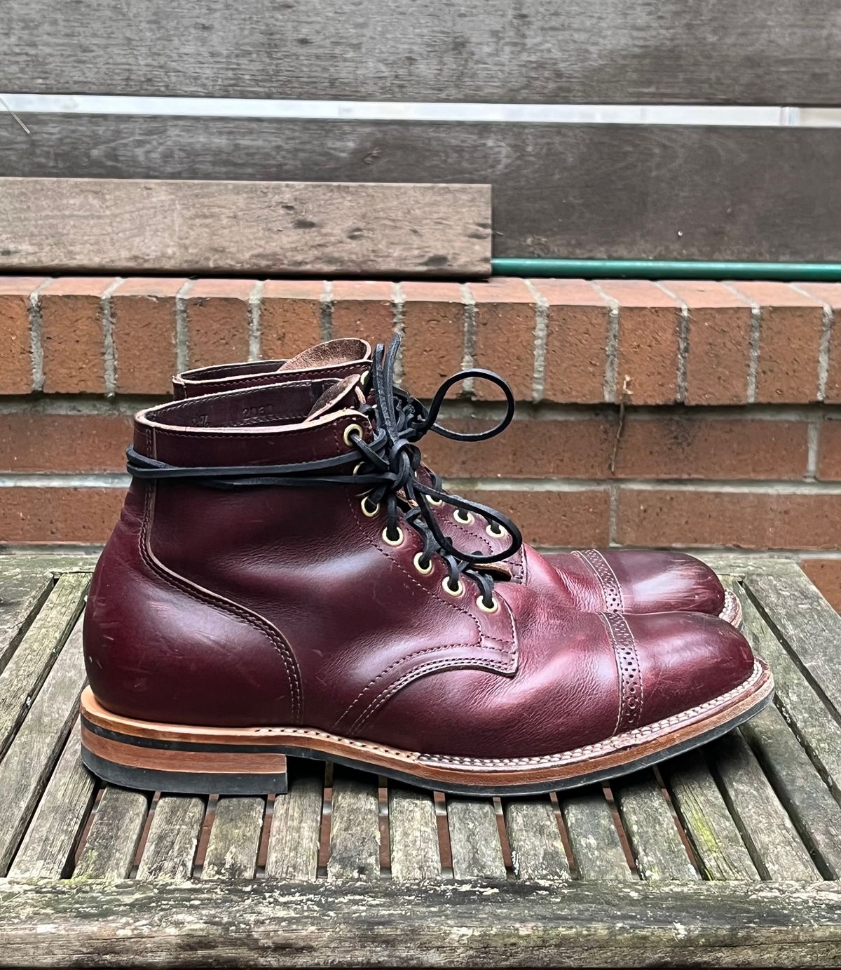 Photo by DesperadoUnderTheEaves on February 1, 2024 of the Viberg Service Boot BCT in Horween Color 8 Chromexcel.