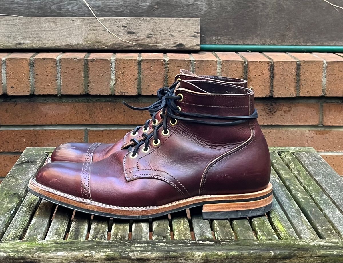 Photo by DesperadoUnderTheEaves on March 3, 2024 of the Viberg Service Boot BCT in Horween Color 8 Chromexcel.