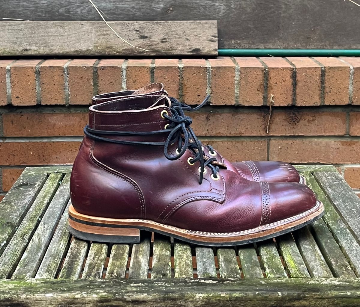 Photo by DesperadoUnderTheEaves on March 3, 2024 of the Viberg Service Boot BCT in Horween Color 8 Chromexcel.