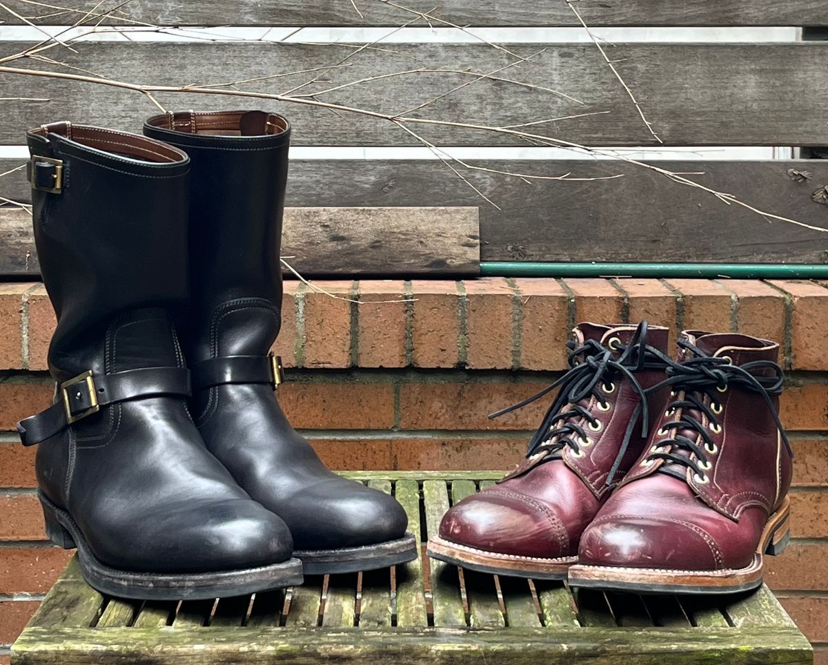 Photo by DesperadoUnderTheEaves on April 6, 2024 of the Viberg Service Boot BCT in Horween Color 8 Chromexcel.